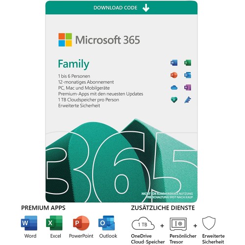 Microsoft Office 365 Family | 6 Nutzer | 30 Geräte | 1 Jahr | Standardverpackung (per Post / EU)