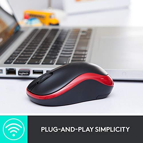Logitech M185 Wireless Mouse USB for PC Windows, Mac and Linux - Red with Ambidextrous Design