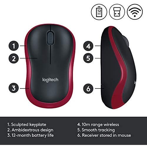 Logitech M185 Wireless Mouse USB for PC Windows, Mac and Linux - Red with Ambidextrous Design
