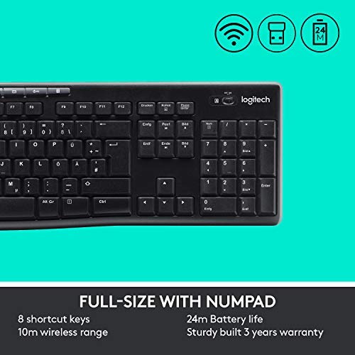 Logitech MK270 Wireless Keyboard and Mouse Combo for Windows, 2.4 GHz Wireless, Compact Wireless Mouse, 8 Multimedia & Shortcut Keys, 2-Year Battery Life, PC/Laptop, QWERTY UK Layout - Black