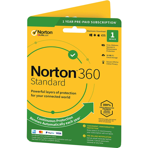 Norton 360 Standard| 1 Device | 1 Year | Credit Card required | Flat Pack (by Post/EU)