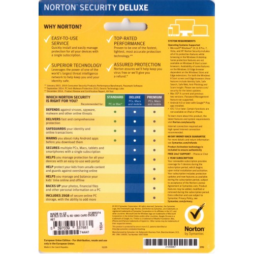 Norton Security Deluxe | 3 Devices | 1 Year | Credit Card Required | Flat Pack (by Post/EU)